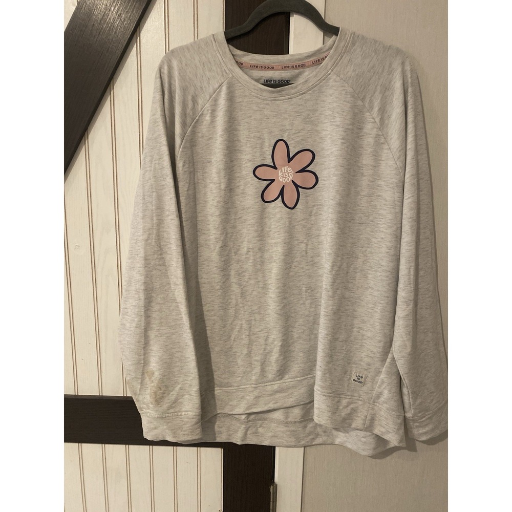 Life Is Good Sleep Shirt Sweatshirt Womens 2X Gray Pink Daisy Flower Plus Size